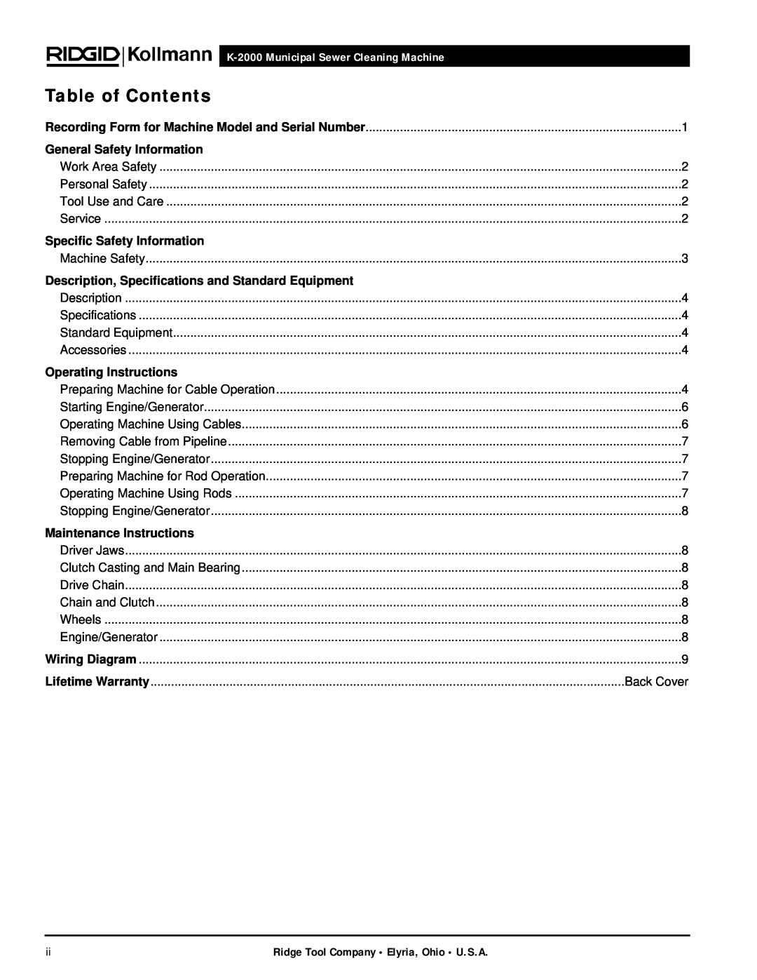 RIDGID manual Table of Contents, K-2000 Municipal Sewer Cleaning Machine, Ridge Tool Company Elyria, Ohio U.S.A 