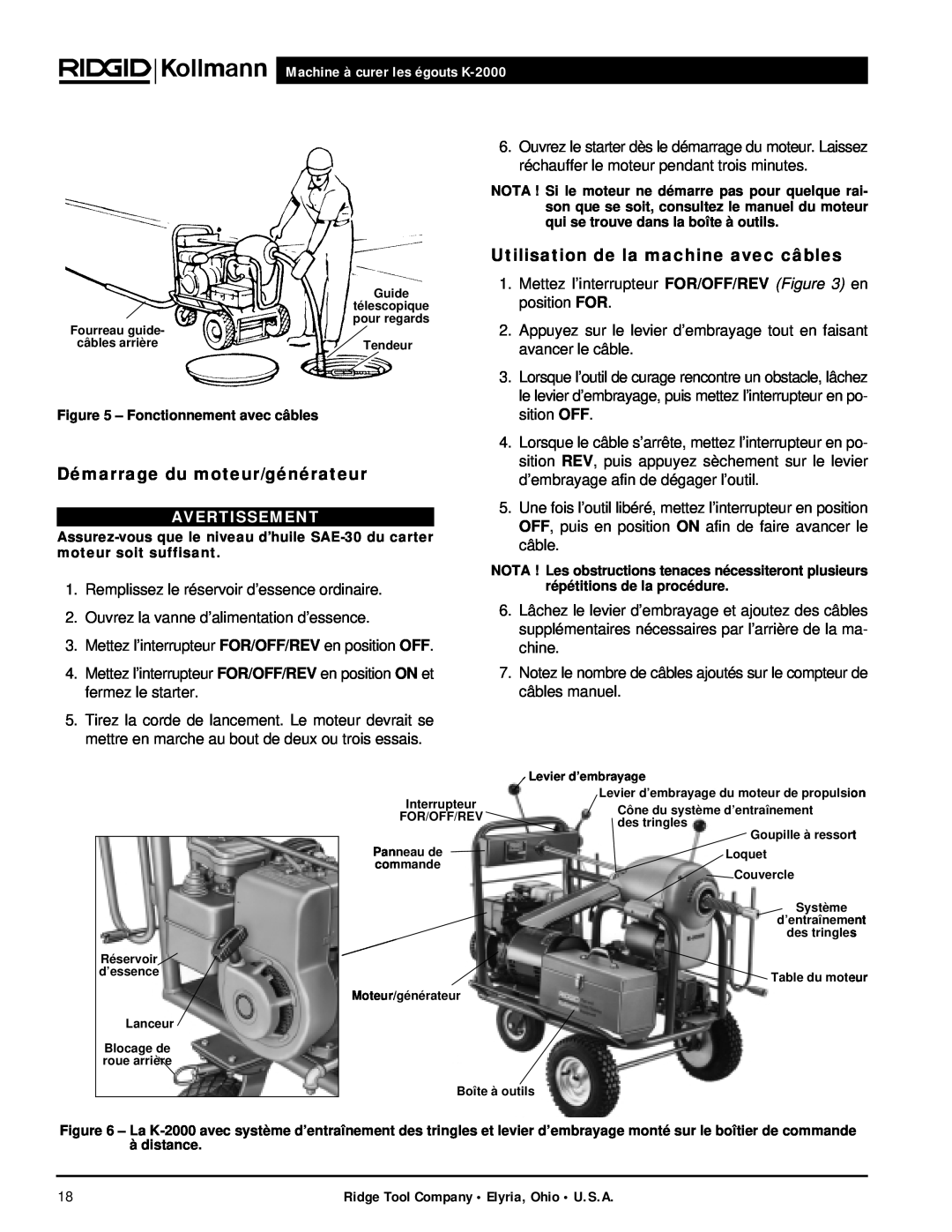 RIDGID K-2000 manual Démarrage du moteur/générateur, Utilisation de la machine avec câbles, Avertissement 