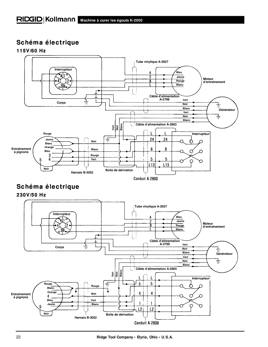 RIDGID manual Schéma électrique, 115V/60 Hz, 230V/50 Hz, Machine à curer les égouts K-2000 