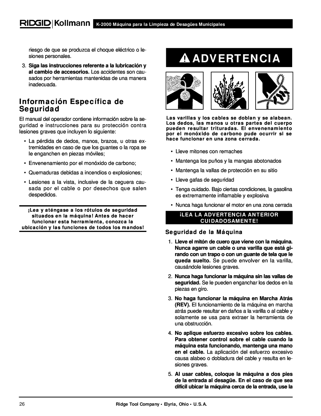 RIDGID K-2000 manual Advertencia, Información Específica de Seguridad, Seguridad de la Máquina 