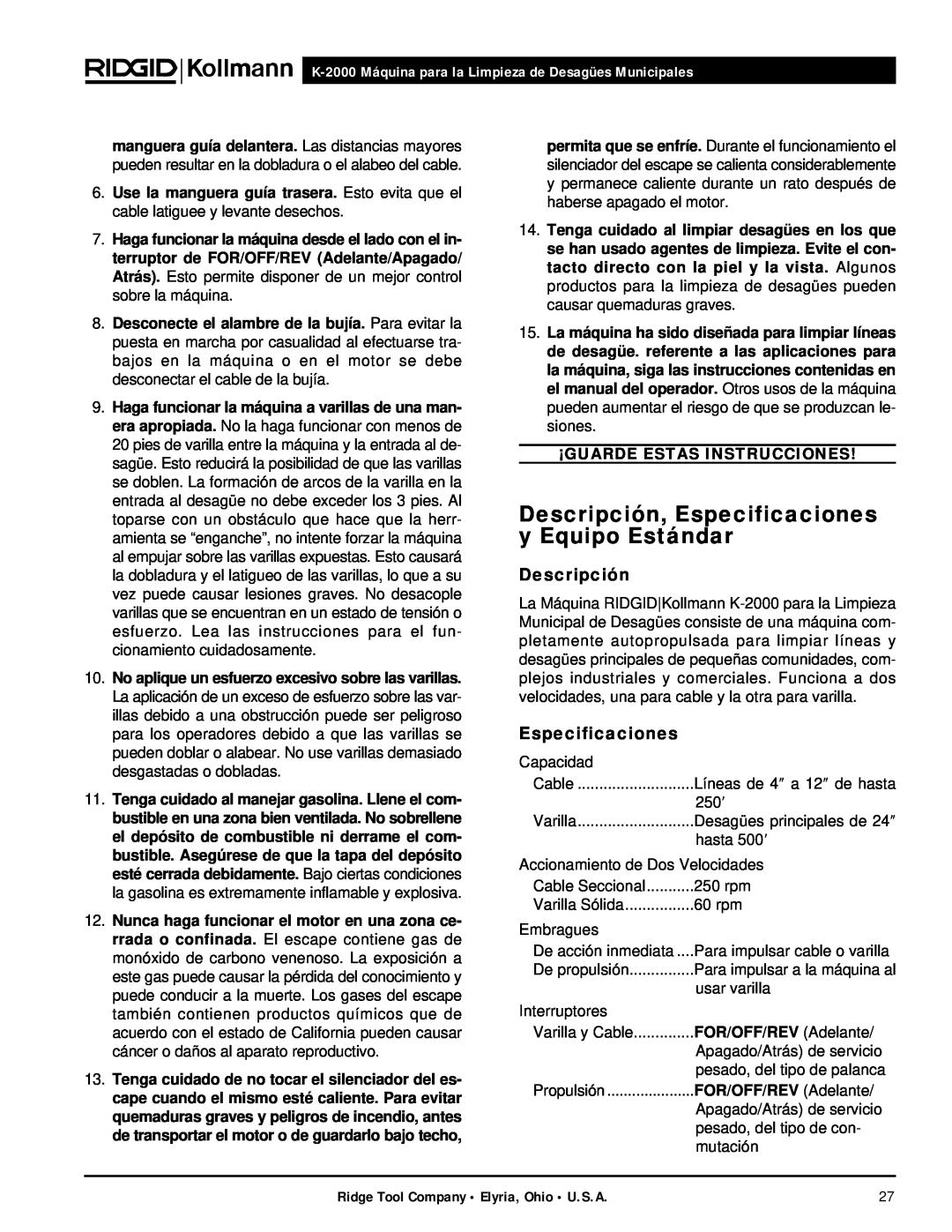 RIDGID manual Descripción, Especificaciones y Equipo Estándar, K-2000 Máquina para la Limpieza de Desagües Municipales 