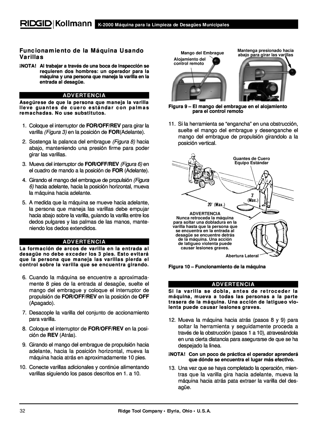 RIDGID manual Funcionamiento de la Máquina Usando Varillas, K-2000 Máquina para la Limpieza de Desagües Municipales 