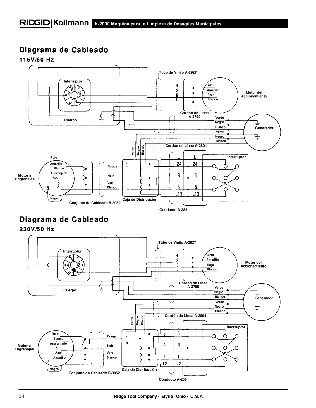 RIDGID manual Diagrama de Cableado, 115V/60 Hz, 230V/50 Hz, K-2000 Máquina para la Limpieza de Desagües Municipales 