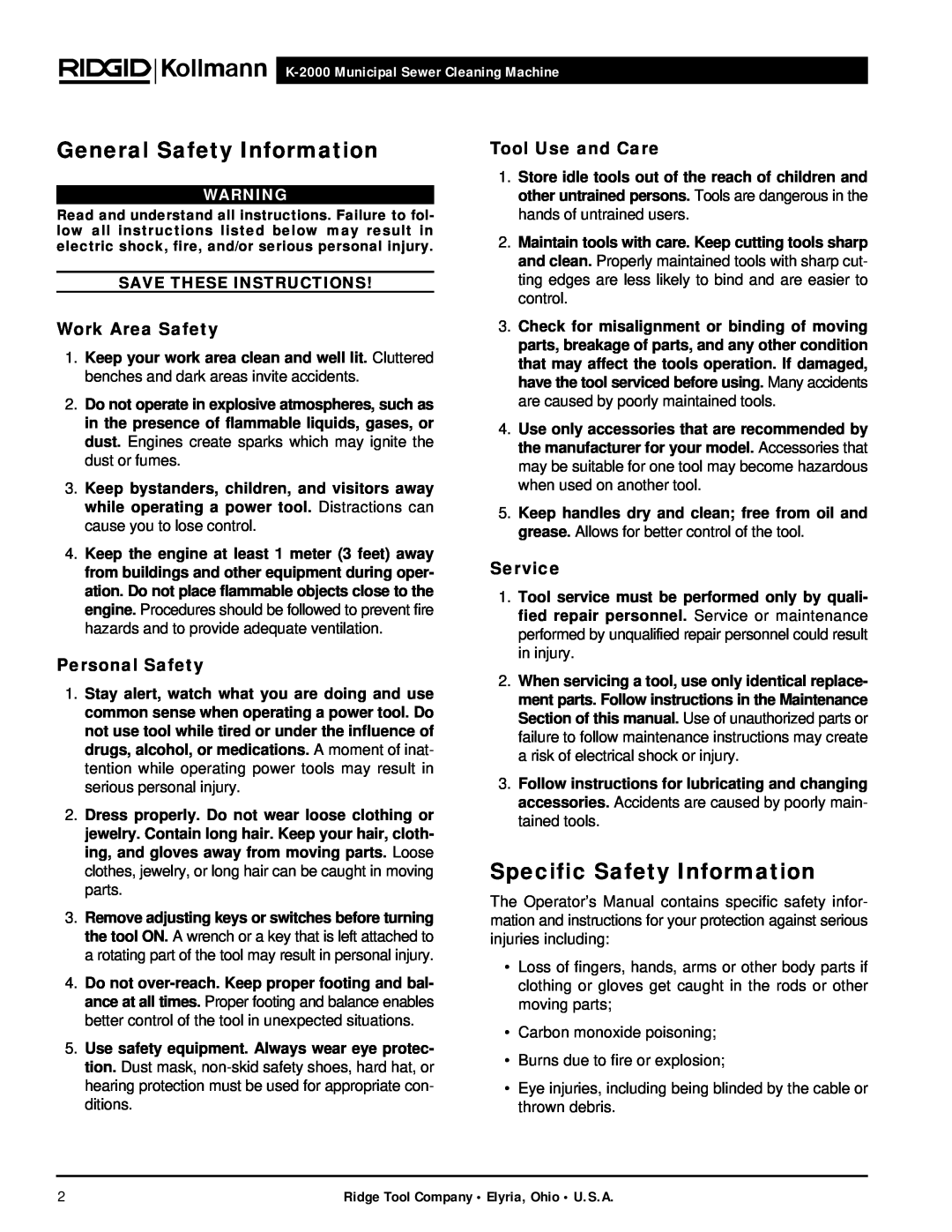 RIDGID K-2000 manual General Safety Information, Specific Safety Information, Work Area Safety, Personal Safety, Service 