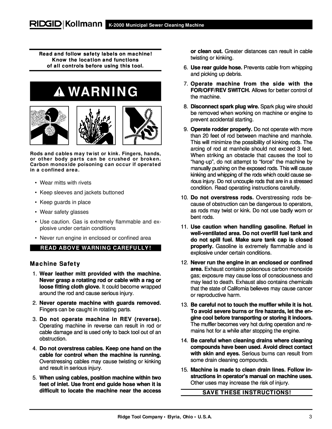 RIDGID manual Machine Safety, Read Above Warning Carefully, K-2000 Municipal Sewer Cleaning Machine 