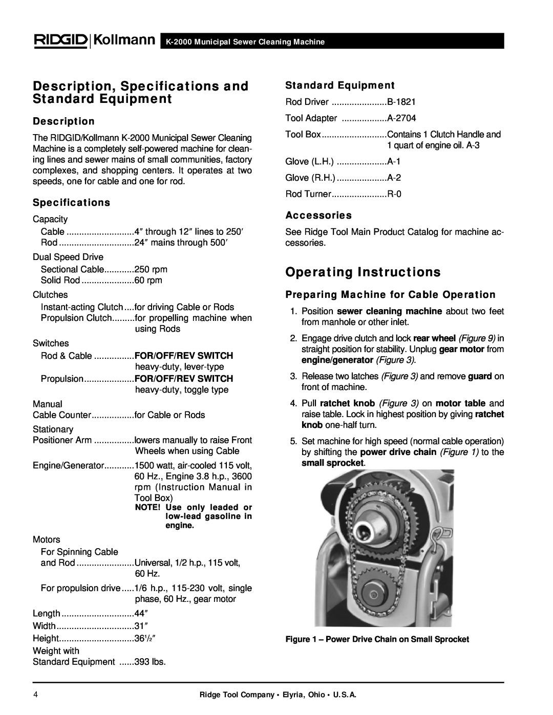 RIDGID K-2000 manual Description, Specifications and Standard Equipment, Operating Instructions, Accessories 