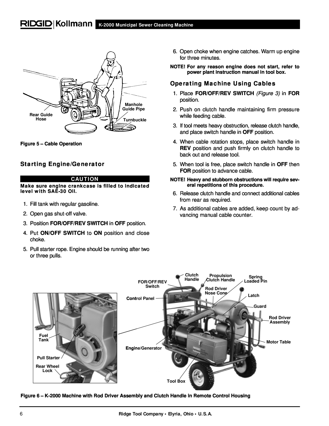 RIDGID manual Starting Engine/Generator, Operating Machine Using Cables, K-2000 Municipal Sewer Cleaning Machine 