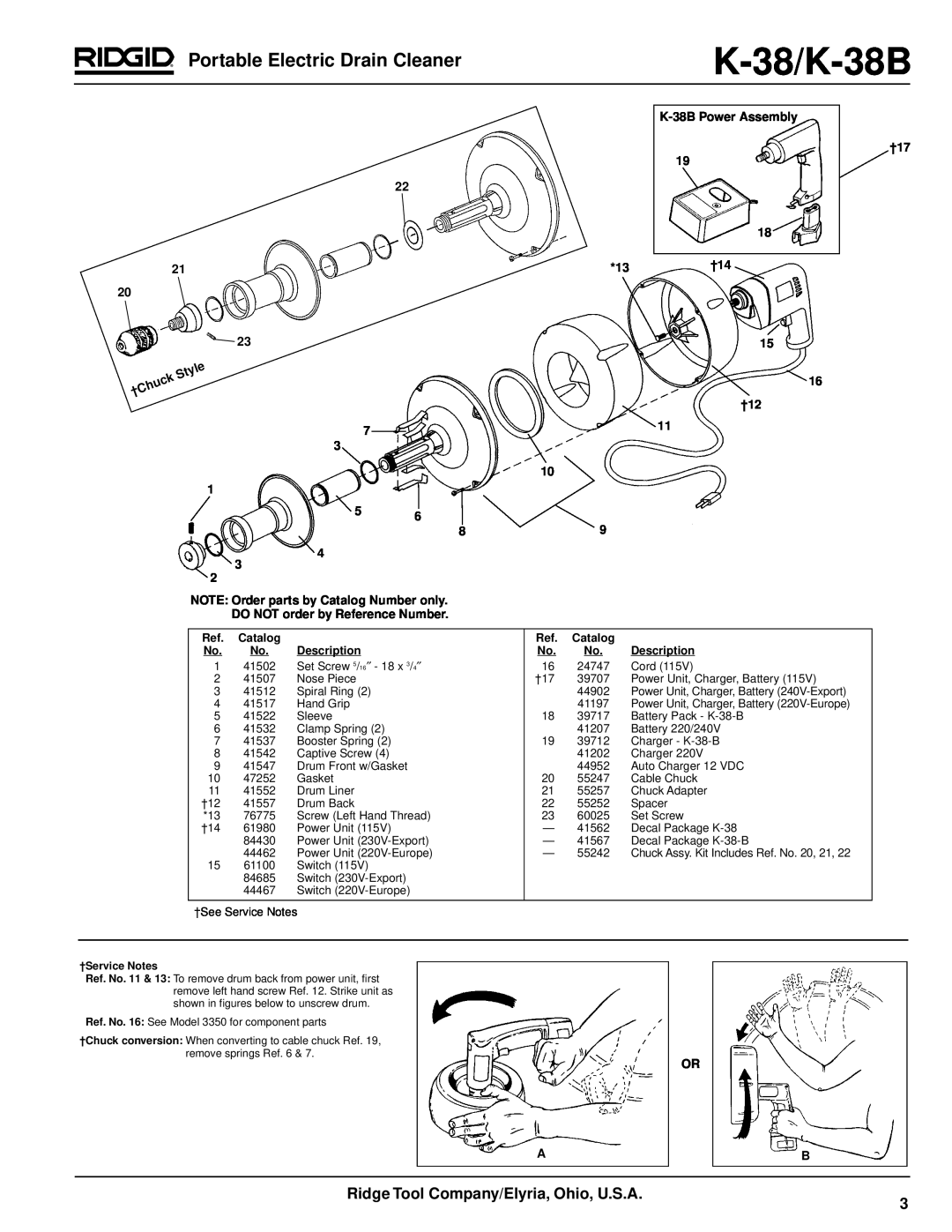 RIDGID manual K-38/K-38B, Portable Electric Drain Cleaner, Ridge Tool Company/Elyria, Ohio, U.S.A 
