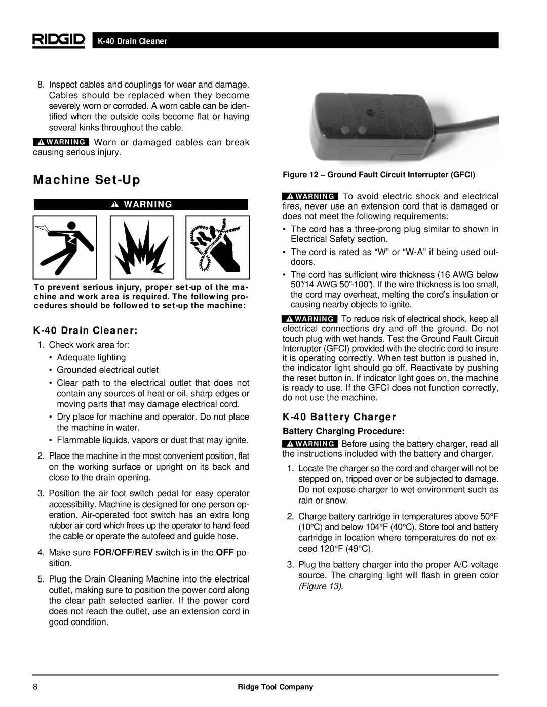 RIDGID K-40B, K-40G PF manual Machine Set-Up, Drain Cleaner, Battery Charger, Battery Charging Procedure 