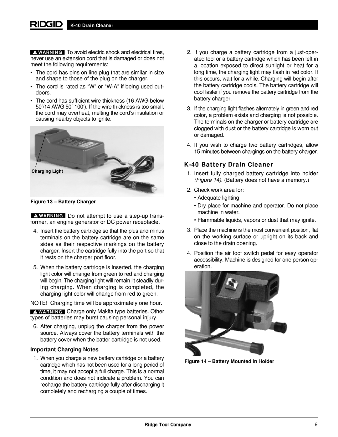 RIDGID K-40G PF, K-40B manual Battery Drain Cleaner, Important Charging Notes 