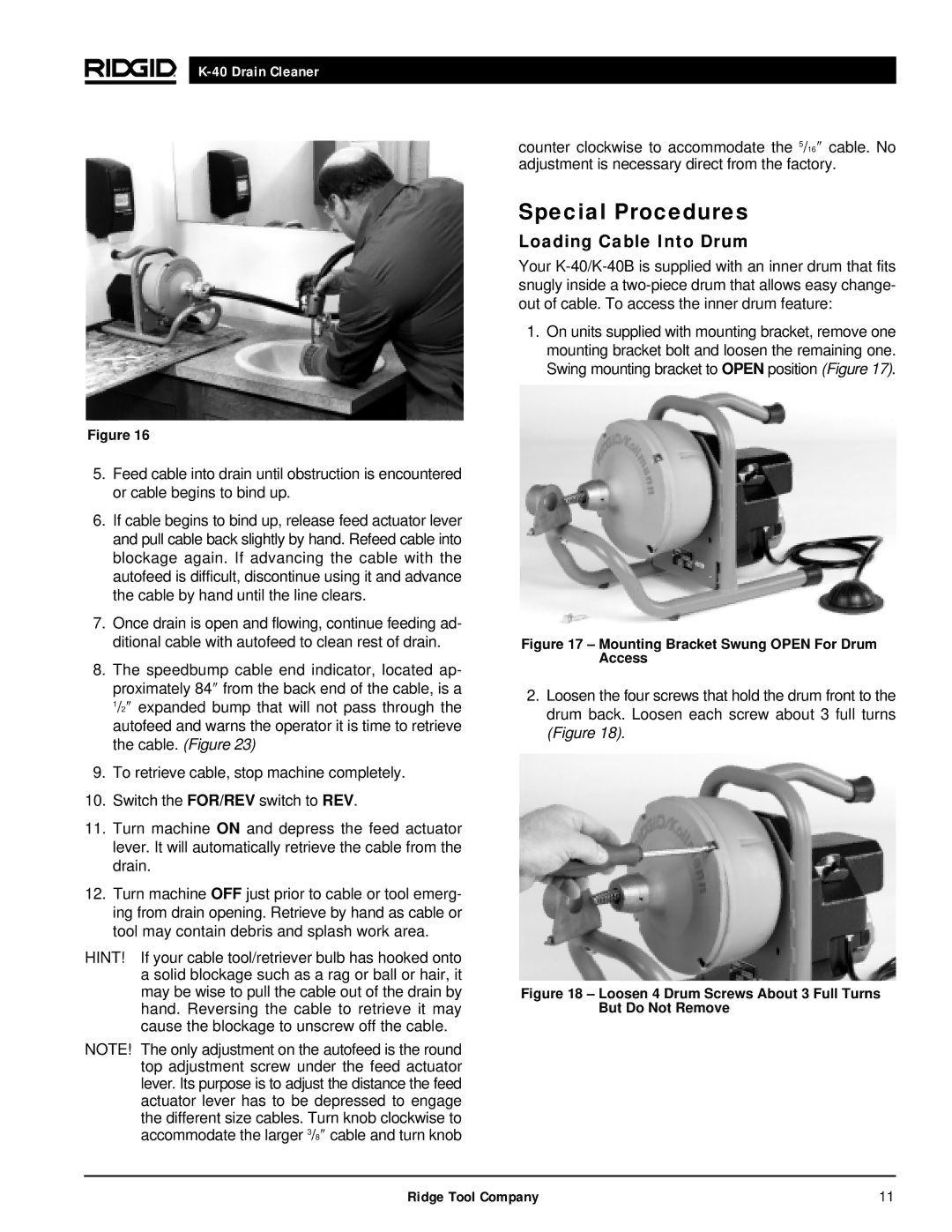 RIDGID K-40B, K-40G PF manual Special Procedures, Loading Cable Into Drum 