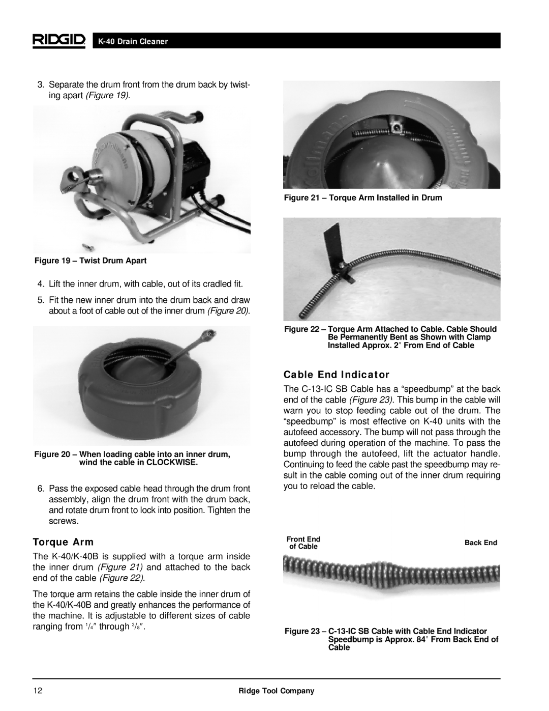 RIDGID K-40G PF, K-40B manual Torque Arm, Cable End Indicator 