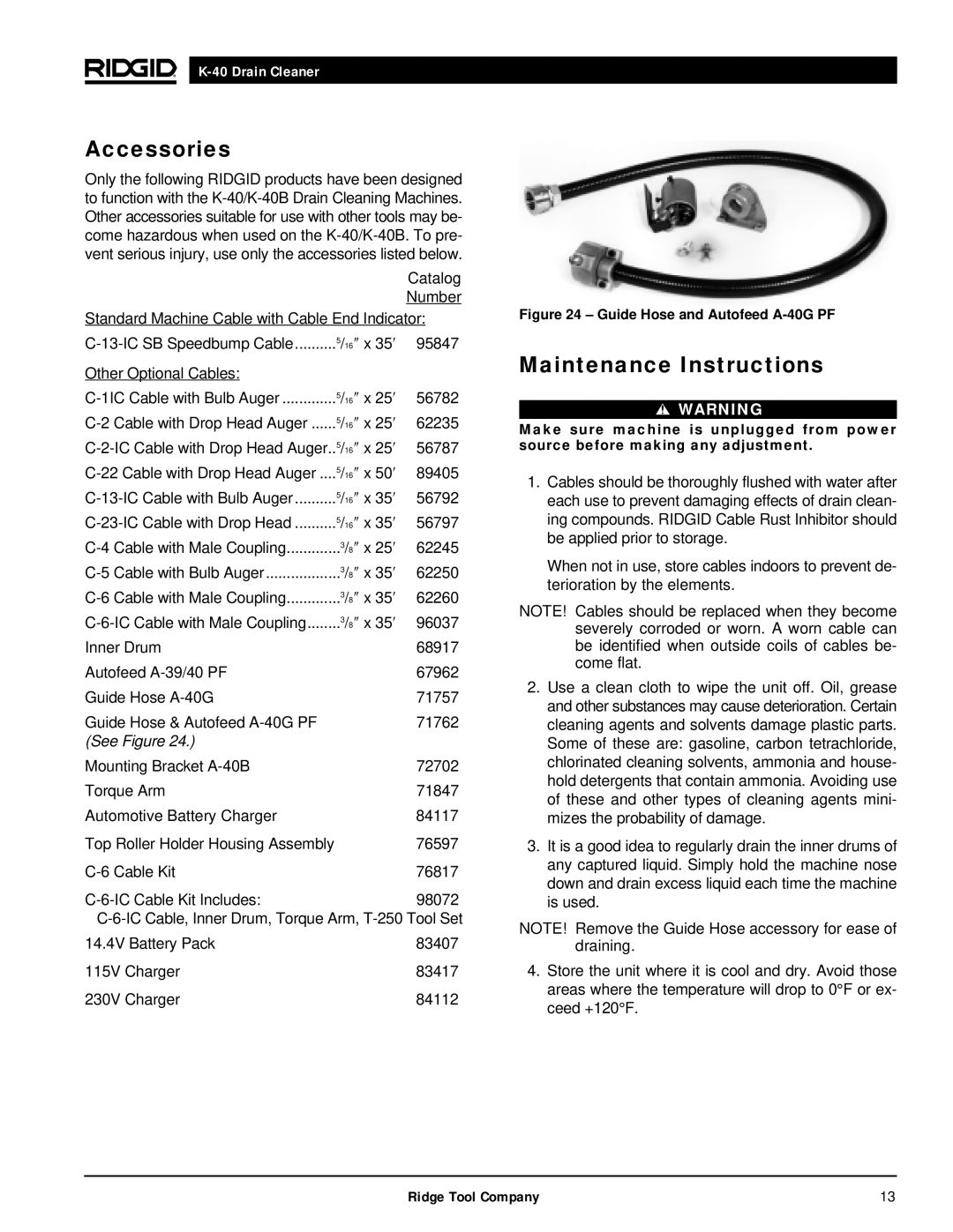 RIDGID K-40B, K-40G PF manual Accessories, Maintenance Instructions 