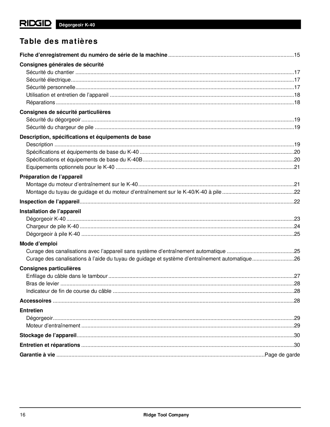 RIDGID K-40B, K-40G PF manual Table des matières 