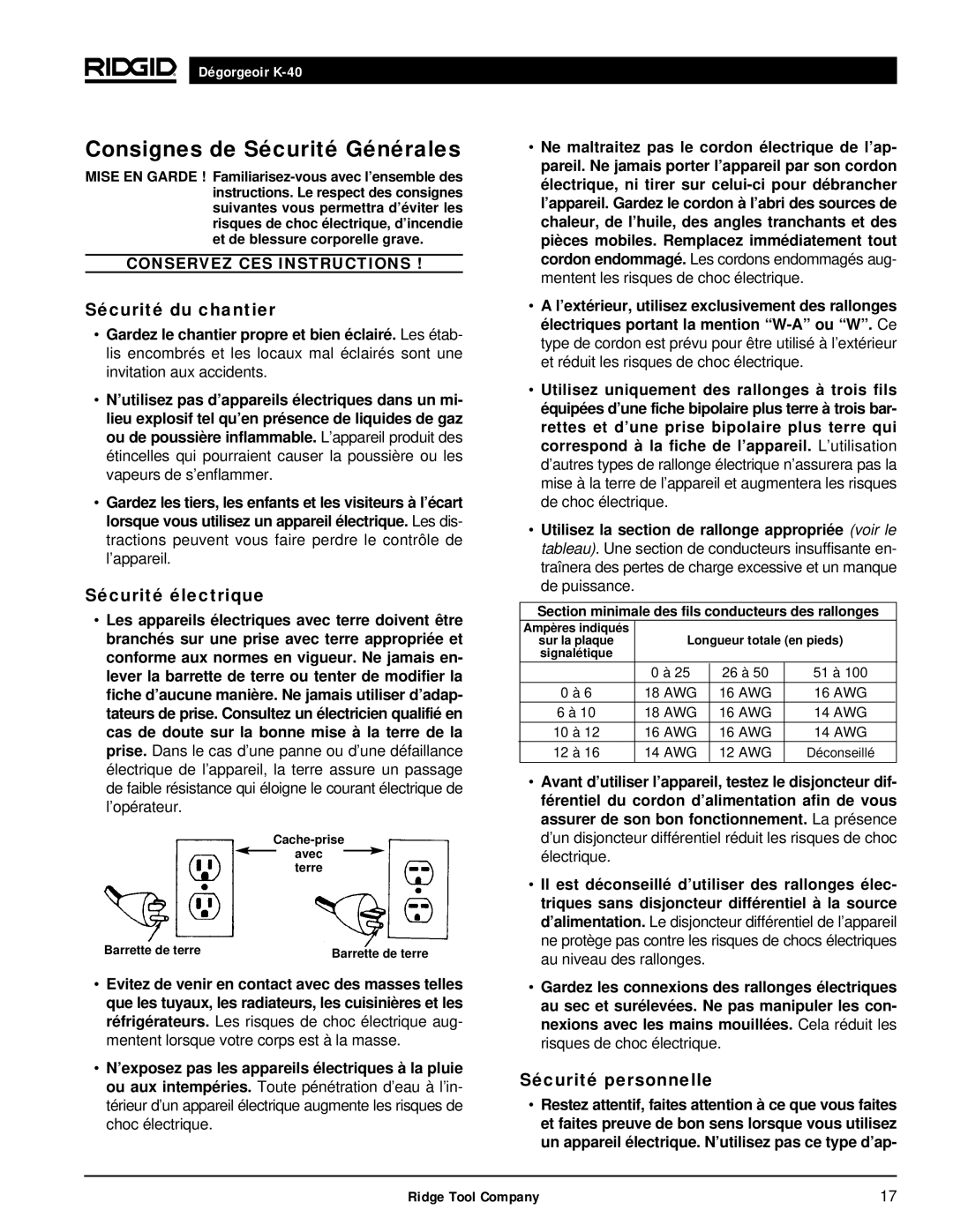 RIDGID K-40B, K-40G PF Consignes de Sécurité Générales, Sécurité du chantier, Sécurité électrique, Sécurité personnelle 