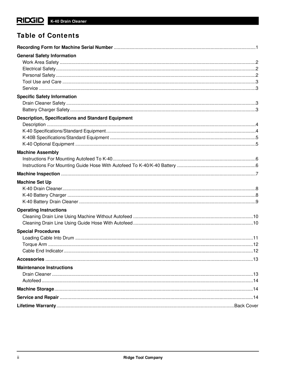 RIDGID K-40G PF, K-40B manual Table of Contents 