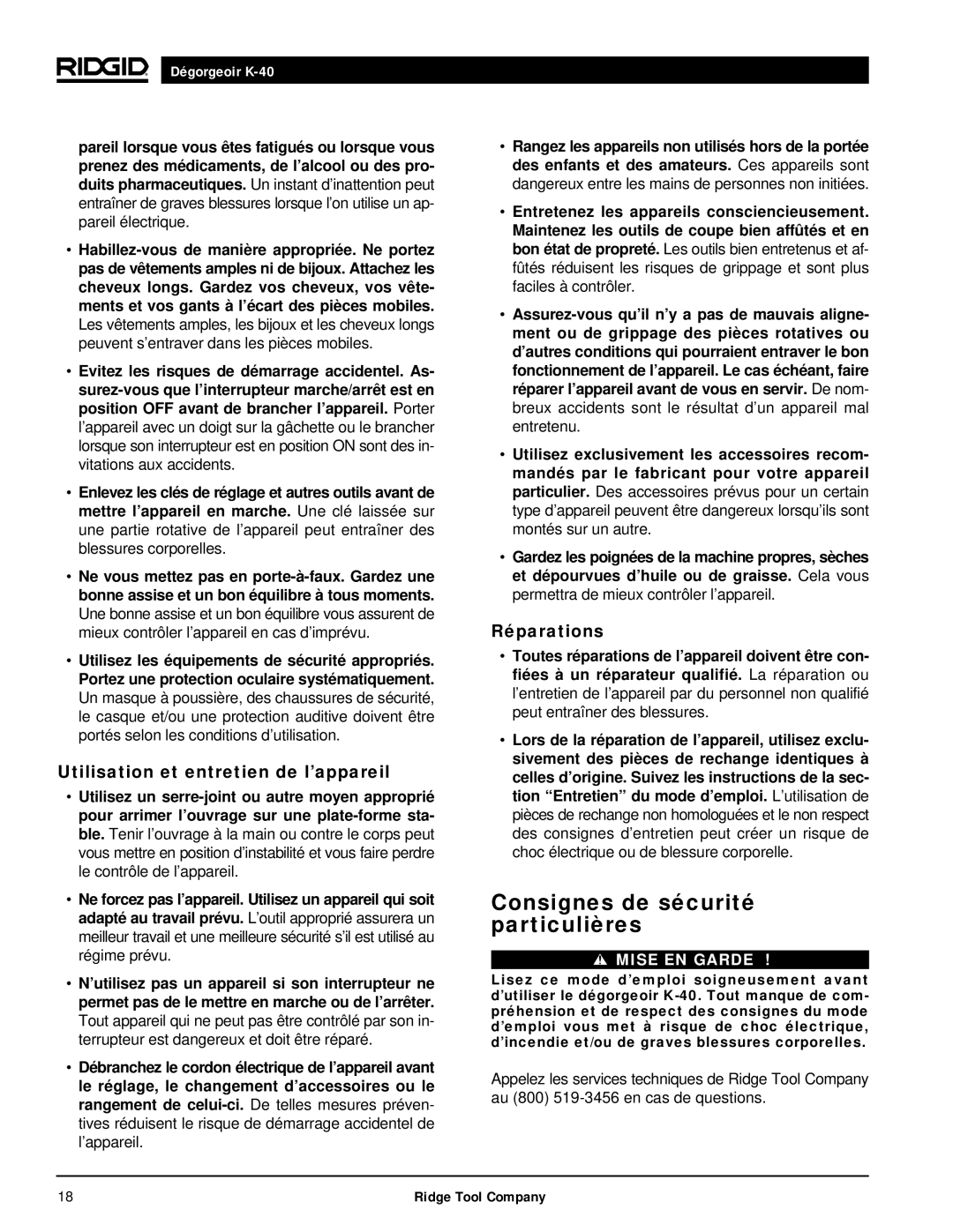 RIDGID K-40G PF, K-40B manual Consignes de sécurité particulières, Utilisation et entretien de l’appareil, Réparations 