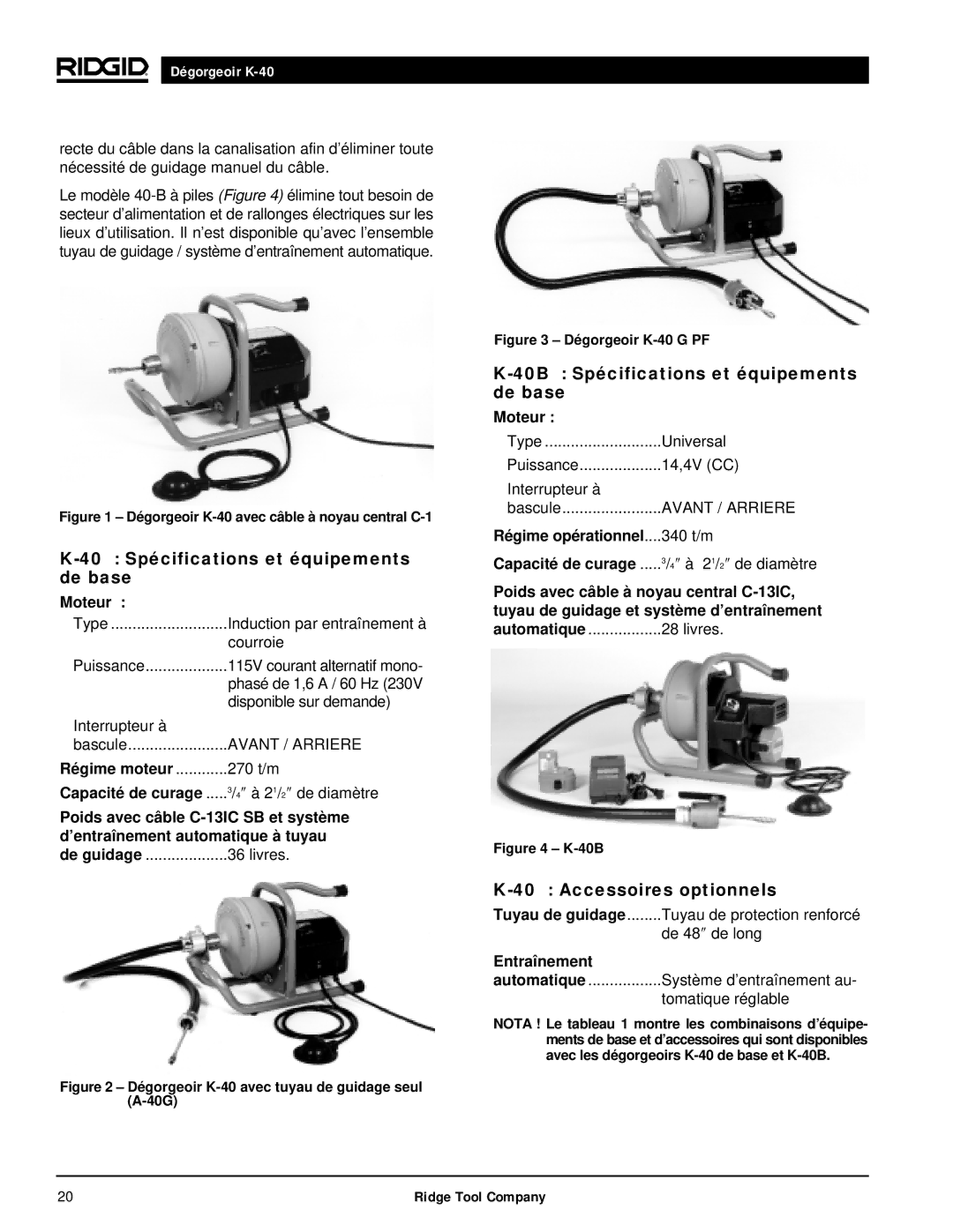 RIDGID K-40B 40 Spécifications et équipements de base, 40B Spécifications et équipements de base, Accessoires optionnels 