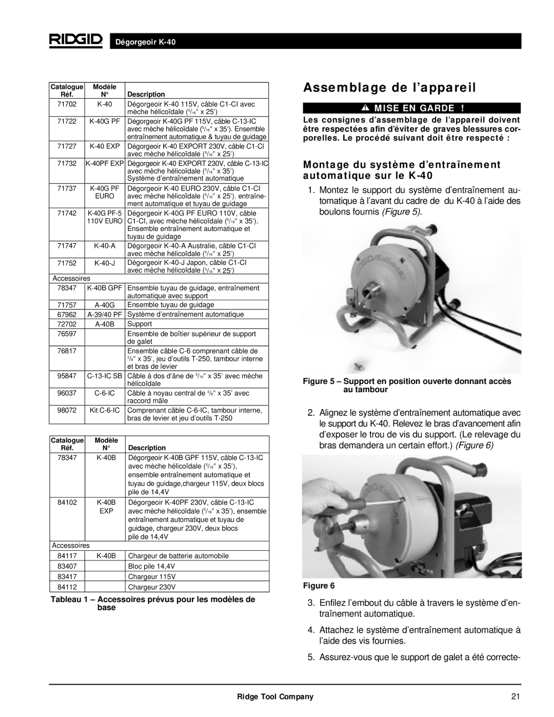 RIDGID K-40G PF, K-40B manual Assemblage de l’appareil, Montage du système d’entraînement automatique sur le K-40 