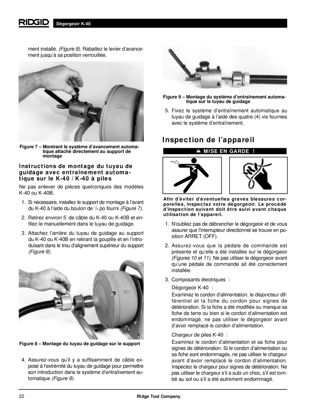 RIDGID K-40B, K-40G PF manual Inspection de l’appareil, Montage du tuyau de guidage sur le support 