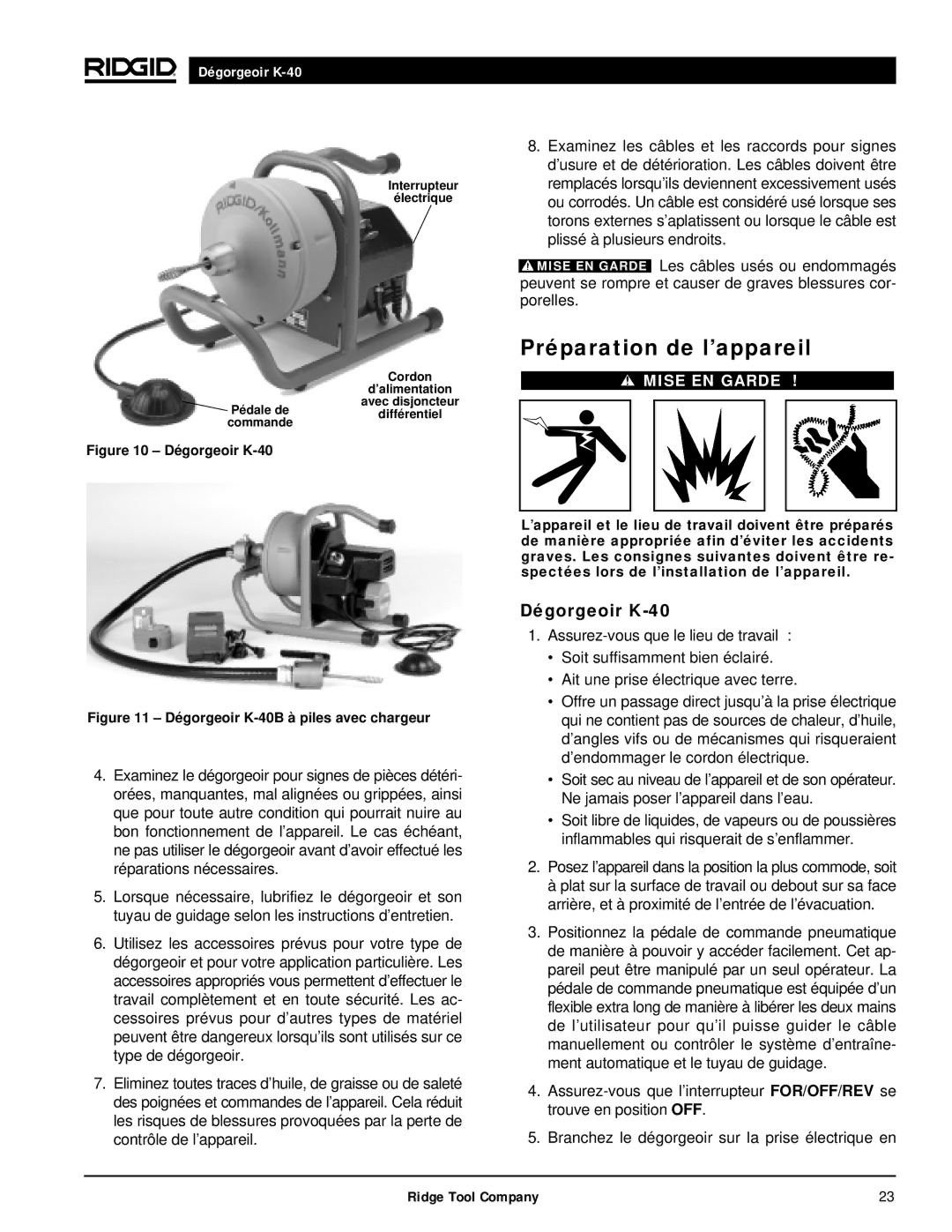 RIDGID K-40B, K-40G PF manual Préparation de l’appareil, Dégorgeoir K-40 