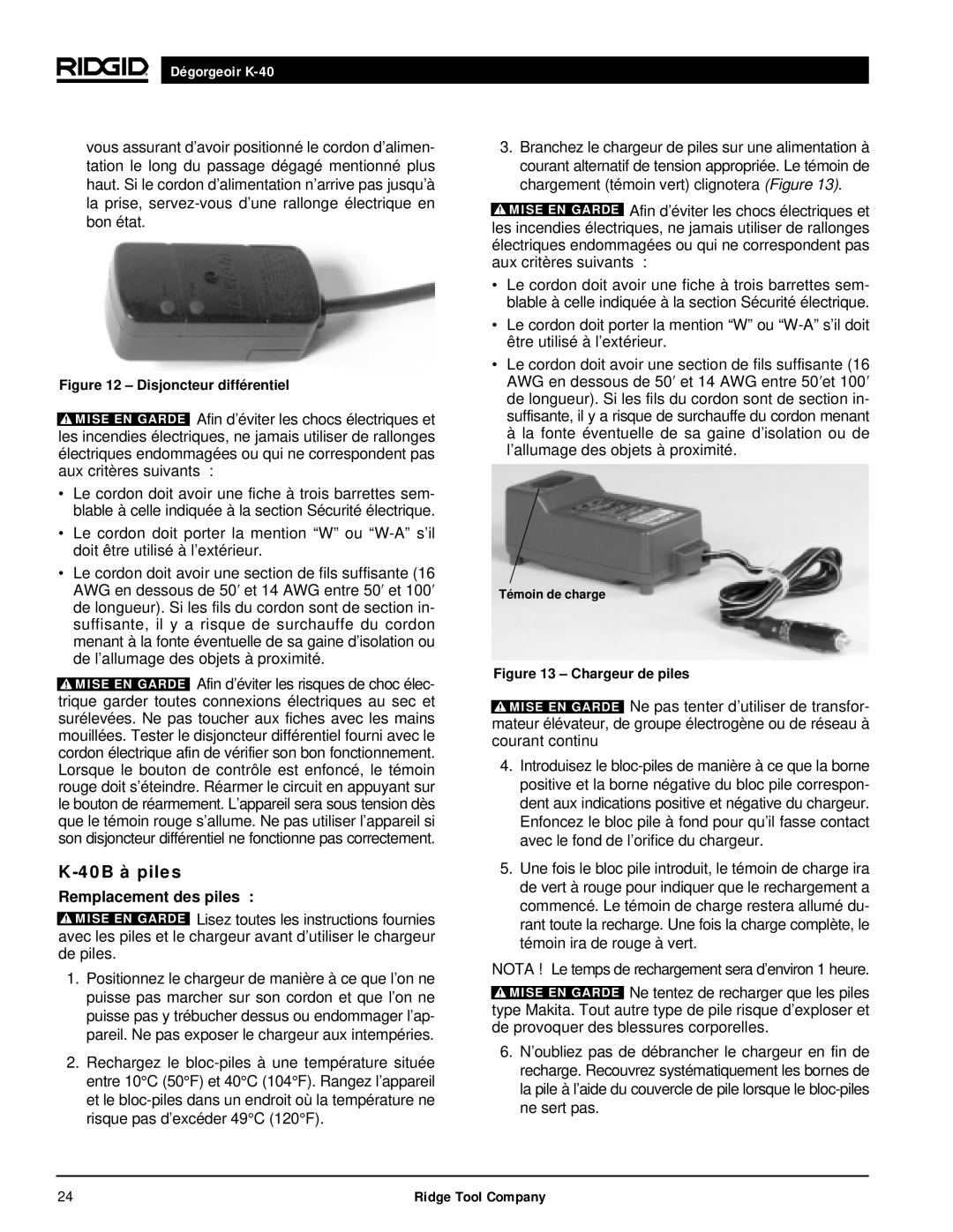 RIDGID K-40G PF, K-40B manual 40B à piles, Remplacement des piles 