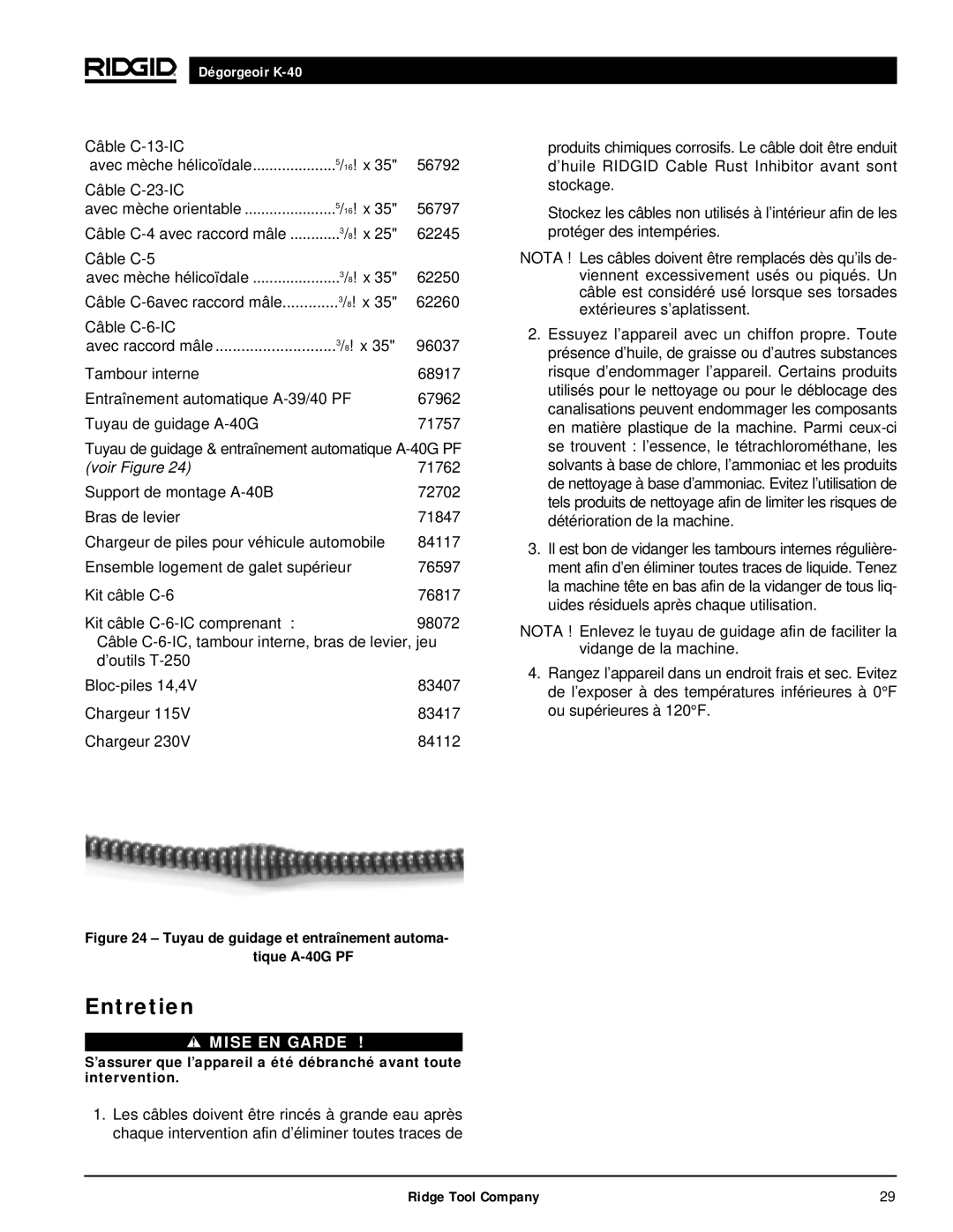 RIDGID K-40B, K-40G PF manual Entretien, Tuyau de guidage et entraînement automa- tique A-40G PF 