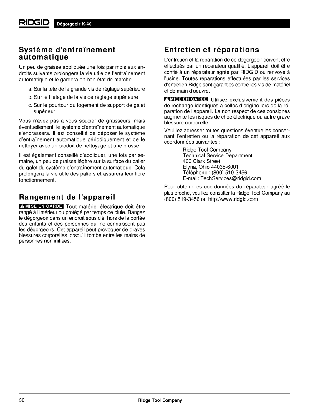 RIDGID K-40G PF, K-40B manual Système d’entraînement automatique, Rangement de l’appareil, Entretien et réparations 