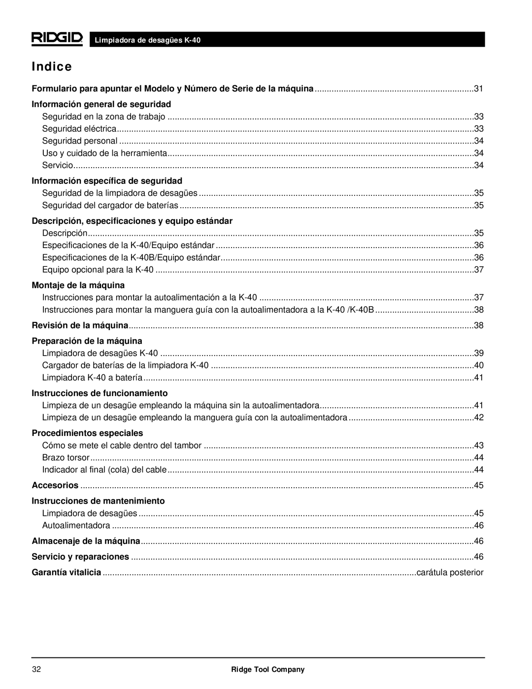 RIDGID K-40B, K-40G PF manual Indice 