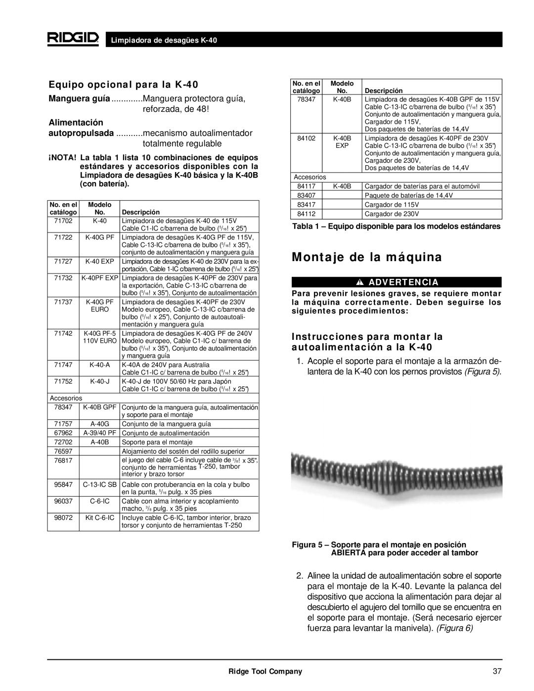 RIDGID Montaje de la máquina, Equipo opcional para la K-40, Instrucciones para montar la autoalimentación a la K-40 