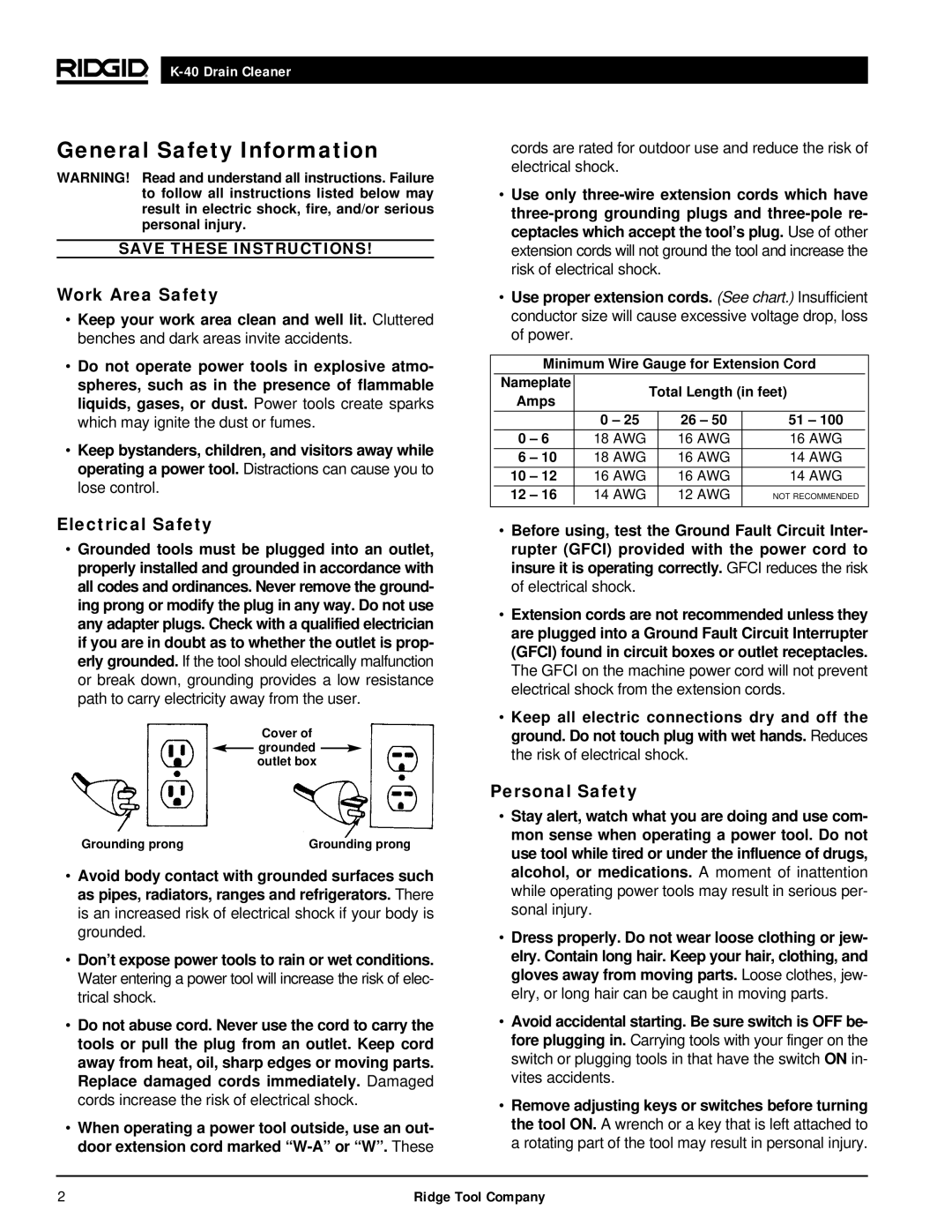 RIDGID K-40B, K-40G PF manual General Safety Information, Work Area Safety, Electrical Safety, Personal Safety 