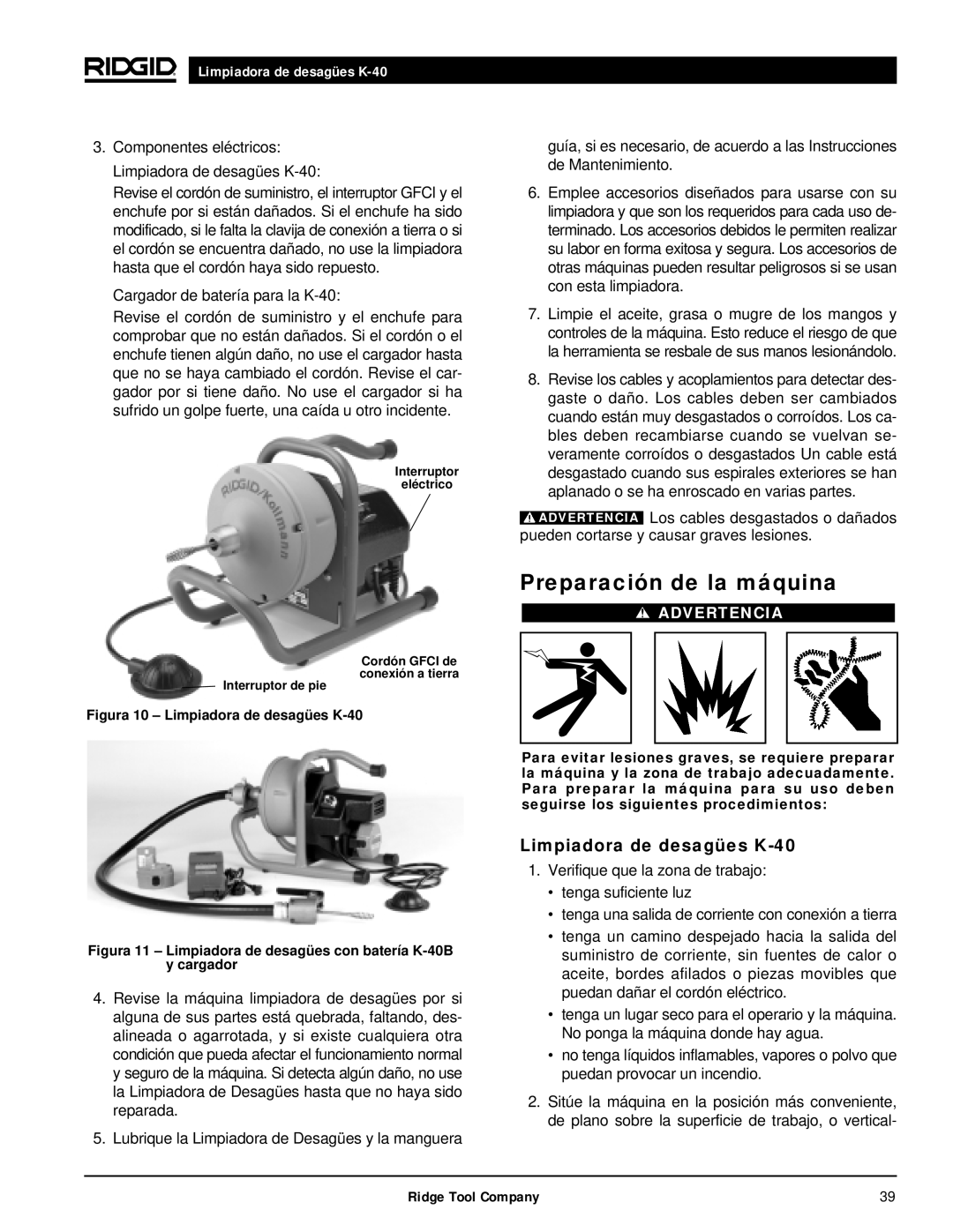 RIDGID K-40G PF, K-40B manual Preparación de la máquina, Limpiadora de desagües K-40 