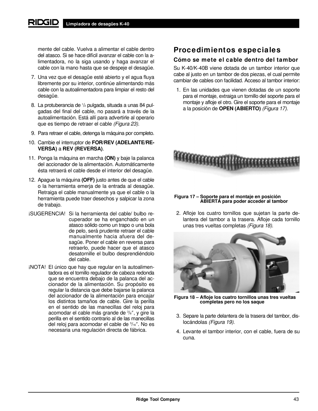 RIDGID K-40B, K-40G PF manual Procedimientos especiales, Cómo se mete el cable dentro del tambor 