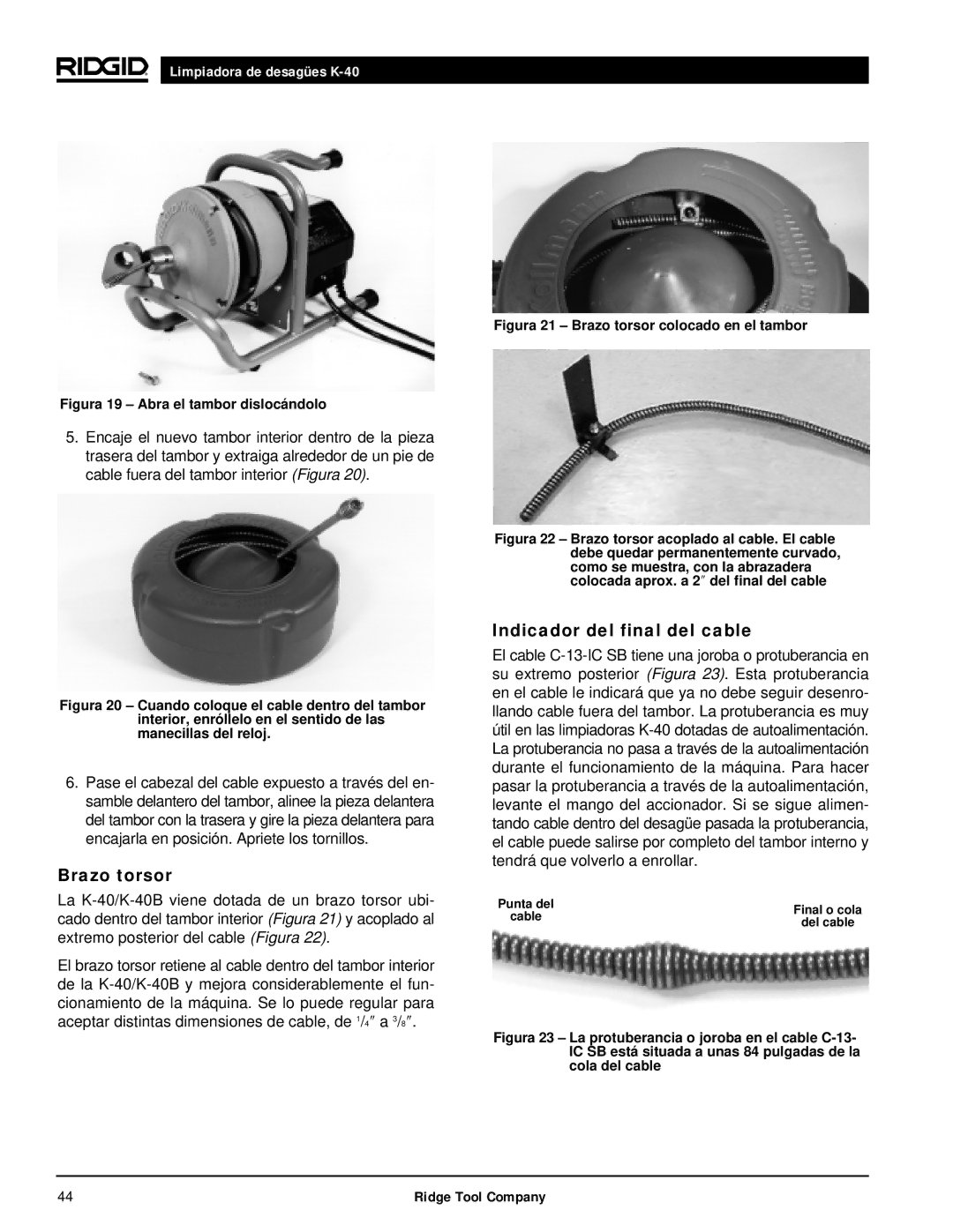 RIDGID K-40B, K-40G PF manual Brazo torsor, Indicador del final del cable 