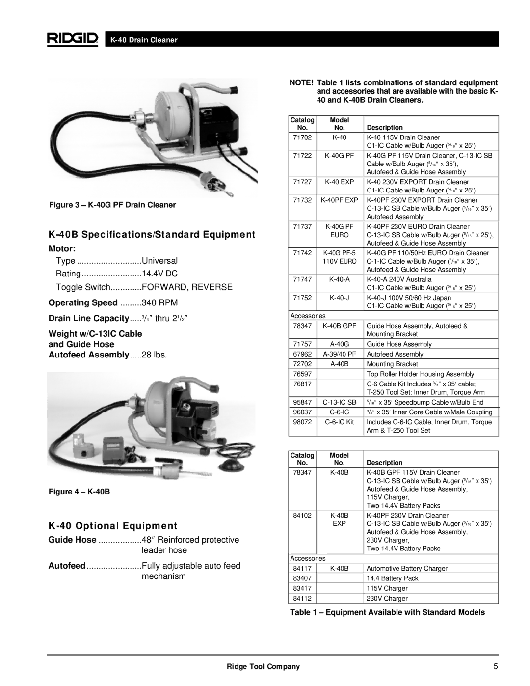 RIDGID K-40B, K-40G PF manual 40B Specifications/Standard Equipment, Optional Equipment, Guide Hose 