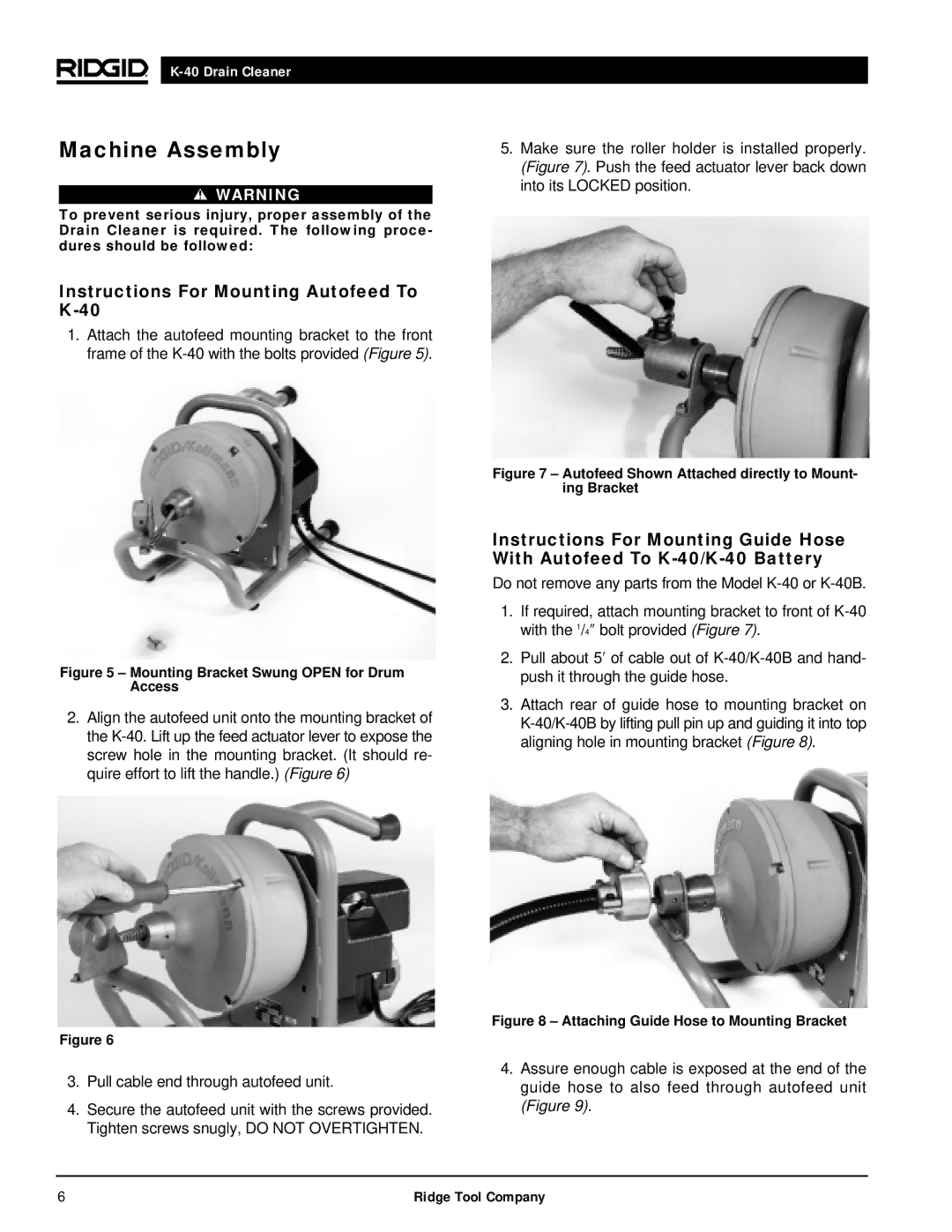 RIDGID K-40G PF, K-40B manual Machine Assembly, Instructions For Mounting Autofeed To K-40 