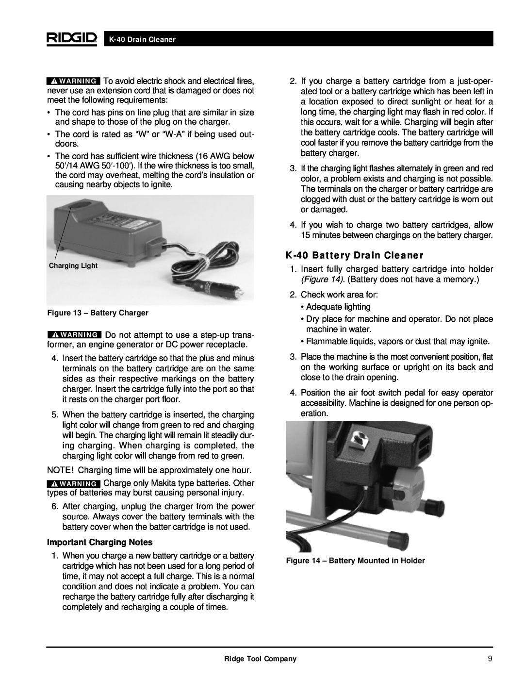 RIDGID K-40G PF manual K-40Battery Drain Cleaner, K-40Drain Cleaner, Important Charging Notes, Ridge Tool Company 
