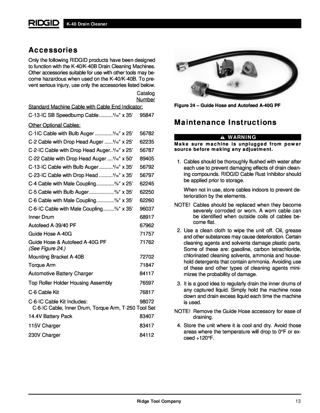 RIDGID K-40B, K-40G PF manual Accessories, Maintenance Instructions, K-40Drain Cleaner, Ridge Tool Company 