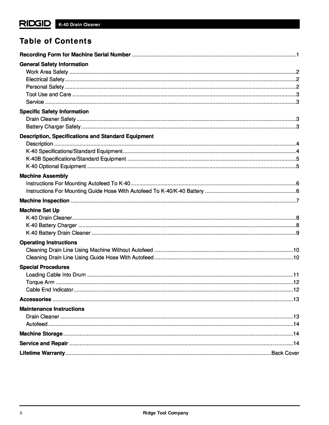 RIDGID K-40G PF, K-40B manual Table of Contents, K-40Drain Cleaner 