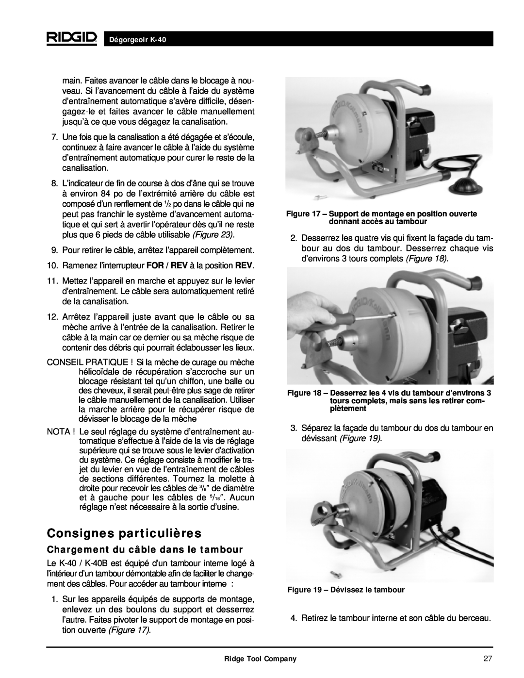 RIDGID K-40G PF, K-40B manual Consignes particulières, Chargement du câble dans le tambour, Dégorgeoir K-40 