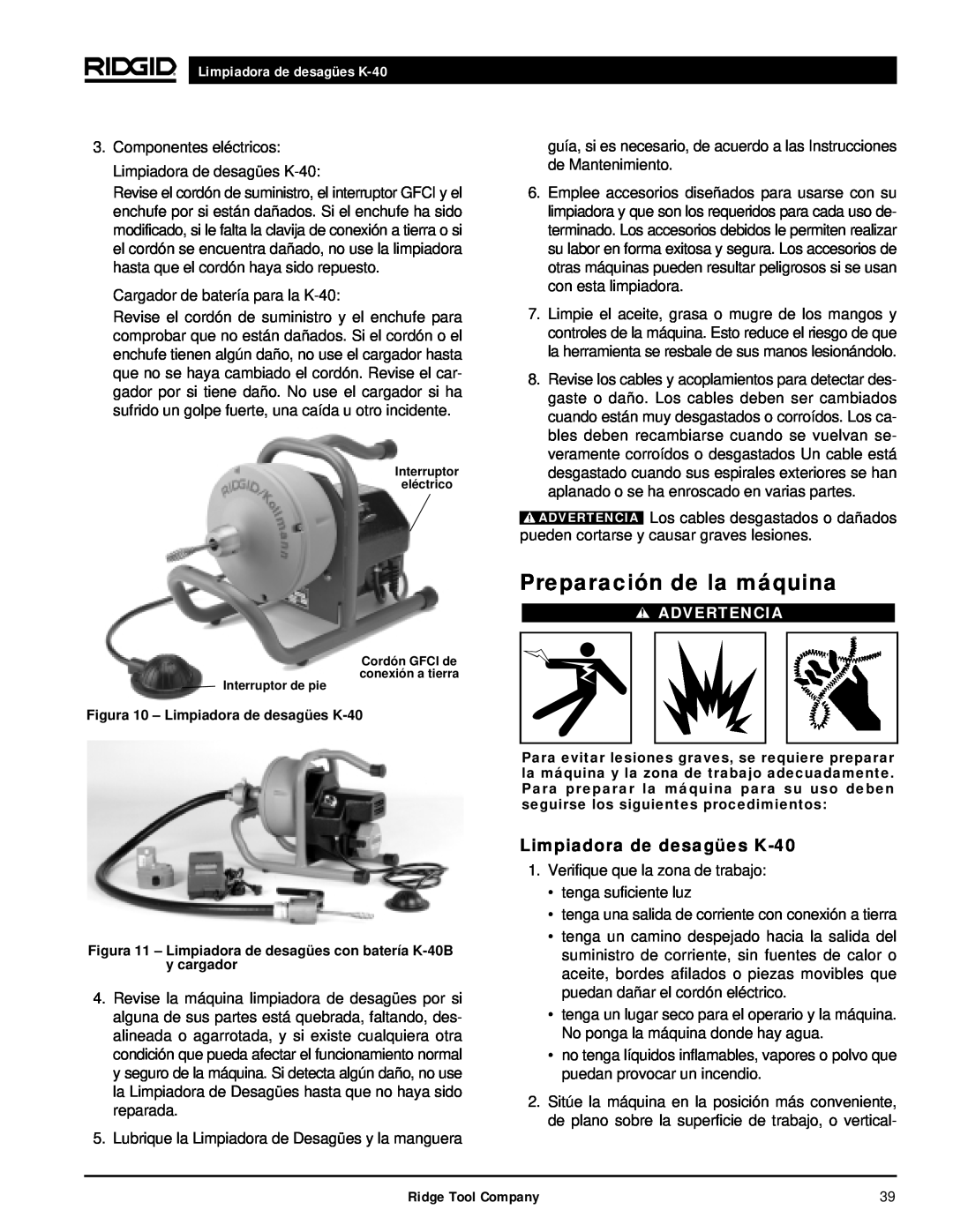 RIDGID K-40G PF, K-40B manual Preparación de la máquina, Limpiadora de desagües K-40, Advertencia 