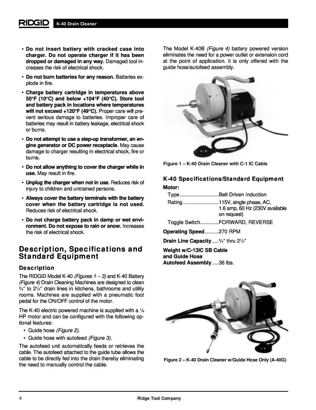 RIDGID K-40B, K-40G PF manual Description, K-40Specifications/Standard Equipment, K-40Drain Cleaner 