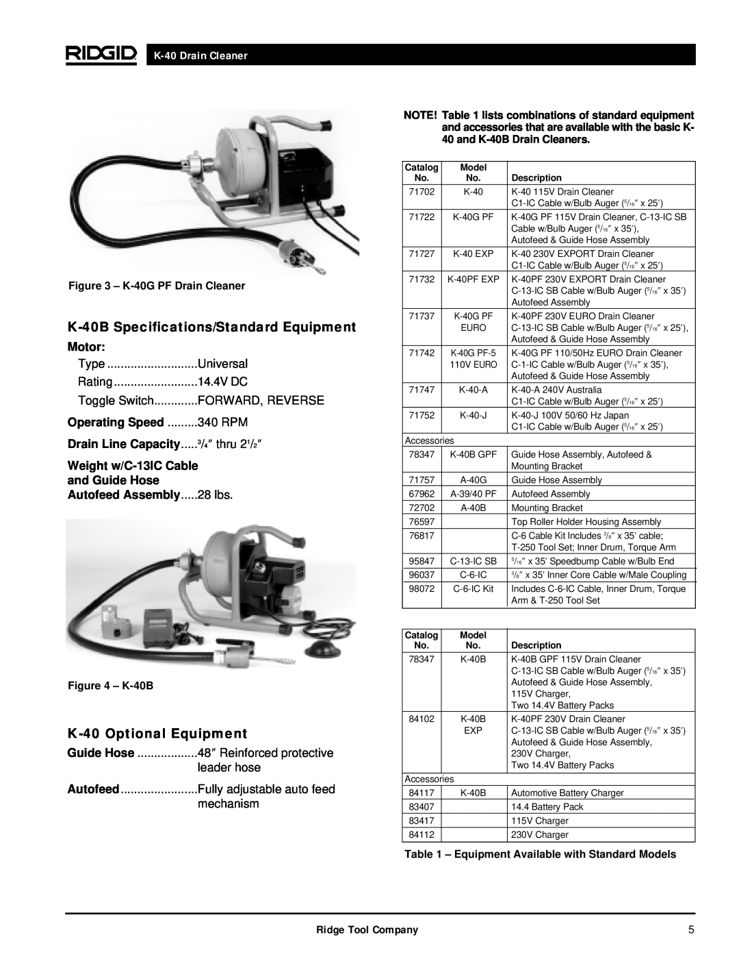 RIDGID manual K-40BSpecifications/Standard Equipment, K-40Optional Equipment, K-40Drain Cleaner, Motor, and Guide Hose 