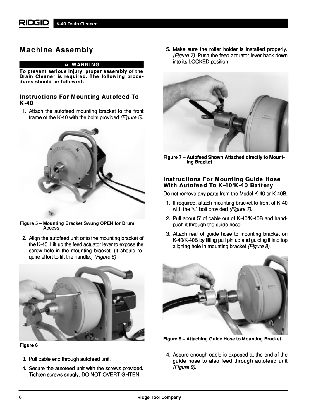 RIDGID K-40G PF, K-40B manual Machine Assembly, Instructions For Mounting Autofeed To K-40, K-40Drain Cleaner 
