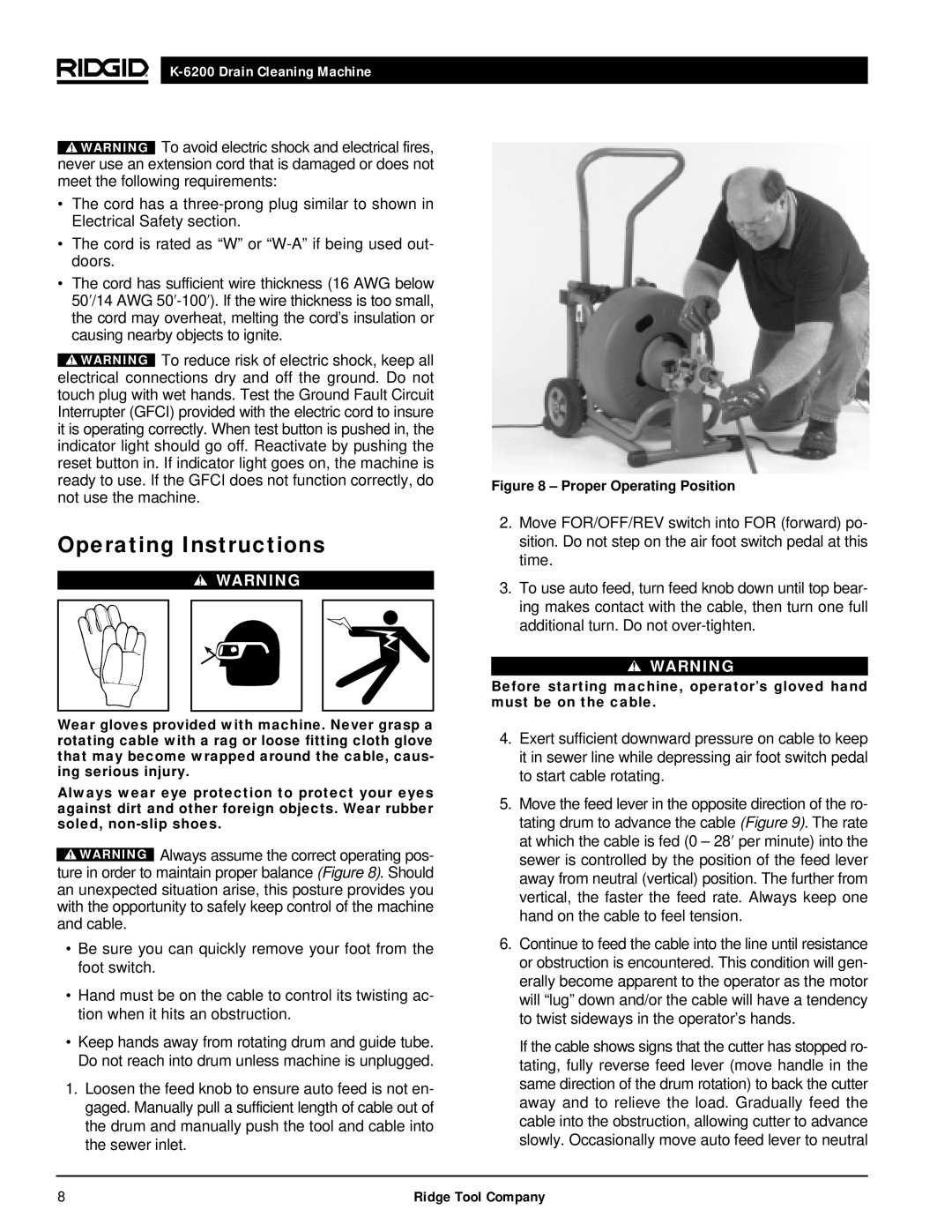 RIDGID K6200 manual Operating Instructions, Proper Operating Position 