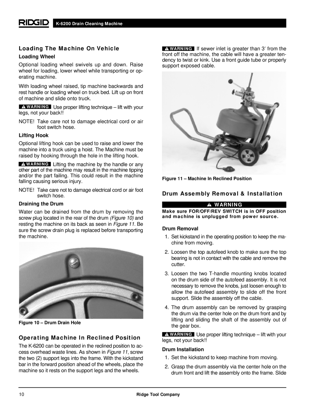 RIDGID K6200 Loading The Machine On Vehicle, Operating Machine In Reclined Position, Drum Assembly Removal & Installation 