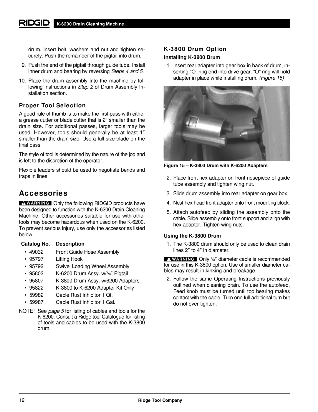 RIDGID K6200 manual Accessories, Proper Tool Selection, Drum Option, Installing K-3800 Drum, Using the K-3800 Drum 