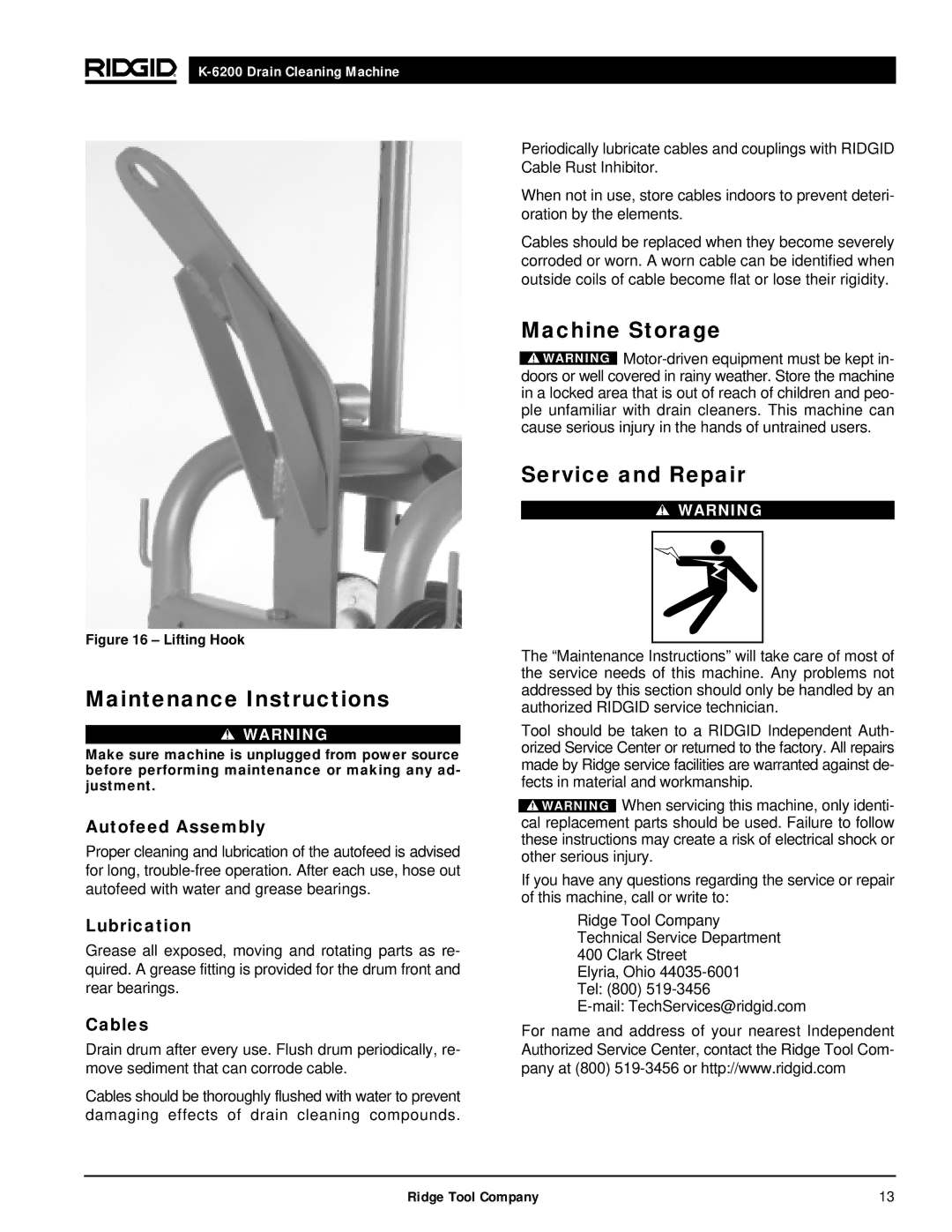 RIDGID K6200 manual Maintenance Instructions, Machine Storage Service and Repair, Autofeed Assembly, Lubrication, Cables 