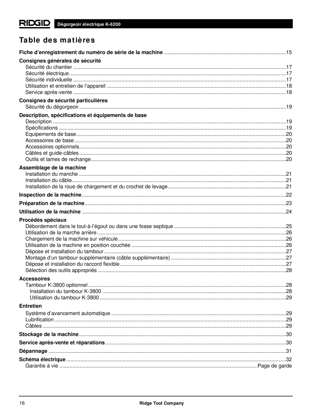 RIDGID K6200 manual Table des matières 