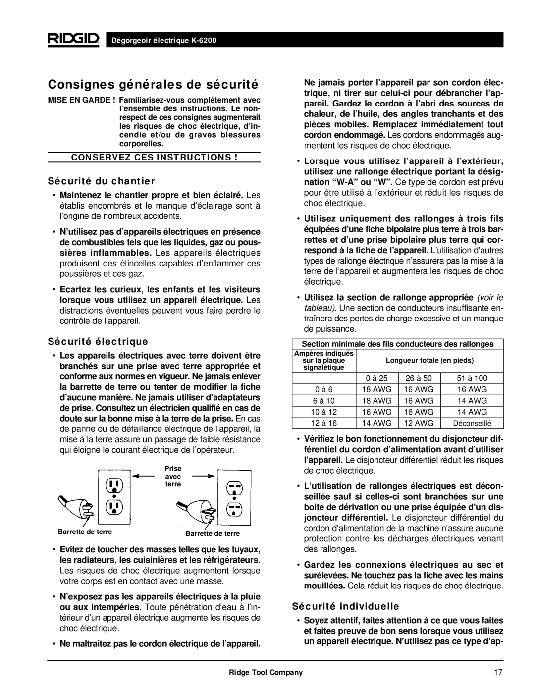 RIDGID K6200 manual Consignes générales de sécurité, Sécurité du chantier, Sécurité électrique, Sécurité individuelle 